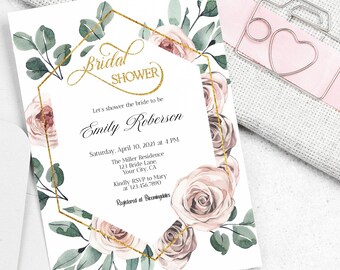 Boho Dusty Rose Bridal Shower Invitation, Floral bridal shower invitation, BOHO Rose Floral Bridal Shower invitation, Editable template