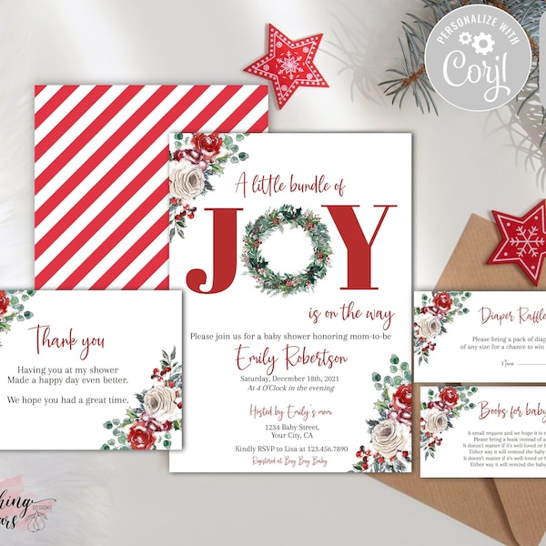 Bundle Of Joy Baby Shower Invitation Bundle, Winter Baby Shower Invitation set, Holiday Baby Shower Invitation set , DIY, Editable