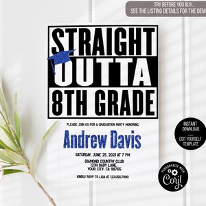 Straight Outta afstuderen uitnodiging, blauwe klas van 2022, afstudeeraankondiging, 8e leerjaar, elke graad, middelbare school of hogeschool, bewerkbaar