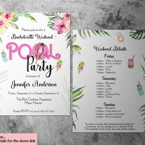 Bachelorette pool party invitation and weekend itinerary, Bachelorette party invite, Pool party bridal shower invite, editable templates P01