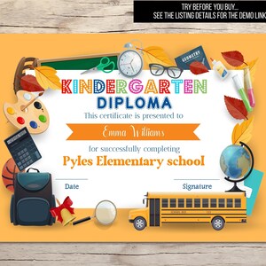 Kindergarten diploma, 1st grade school certificate, Graduation Diploma, Editable Certificate, Elementary School Diploma, Elementary Graduate