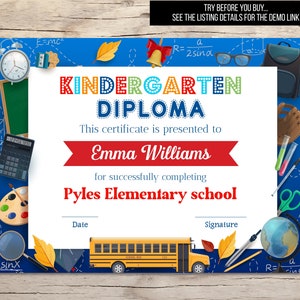 Kindergarten diploma, 1st grade school certificate, Graduation Diploma, Editable Certificate, Elementary School Diploma, Elementary Graduate