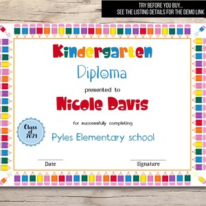 Kindergarten diploma, 1st grade school certificate, Graduation Diploma, Editable Certificate, Elementary School Diploma, Elementary Graduate