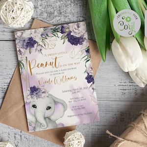 Elephant baby shower invitation, Elephant floral baby shower, Purple floral baby shower invite, editable template PE01
