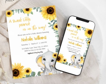 Puede incluir: Una invitación a un baby shower con un tema de girasol y elefante. La invitación dice "A sweet little peanut is on the way!" e incluye el nombre "Natalie Williams".