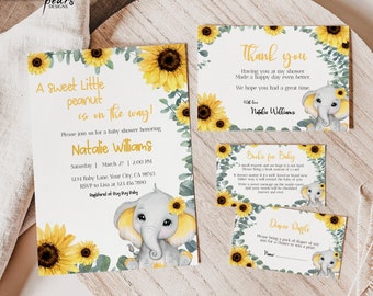 Elefant Sonnenblume Baby-Dusche-Einladung, Windel-Verlosung, Elefant-Baby-Dusche-Mädchen, Sonnenblume-Baby-Dusche einladen, bearbeitbare BUNDLE ee01