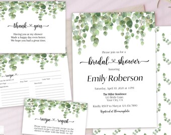 May include: Printable bridal shower invitation with a eucalyptus greenery design. The invitation includes the text "Please join us for a bridal shower honoring Emily Roberson" and the date and time of the event. The invitation also includes the text "Kindly RSVP to Mary at 123-456-7890 Registered at Bloomingdales".