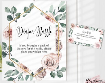 Boho Dusty Rose Baby Shower pañal rifa signo y tarjeta, Malva Floral Baby shower signo, Blush Rose Floral Baby Shower Signo, Diy editable