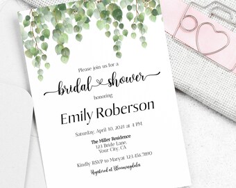 Eucalyptus Bridal shower Invitation, Greenery bridal shower Invite Instant Download