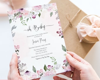 Floral Baby Shower Invitation, Mauve Baby shower invitation, BOHO Rose Pink Floral Baby Shower invitation, Editable template