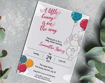 Bunny Baby Shower Invitation, Bunny Baby Shower, Spring Baby Shower, A little bunny is on the way, Bunny Invitation, Editable template