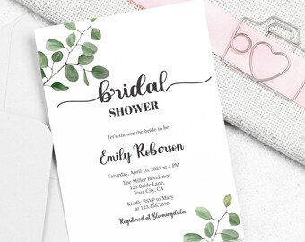 Eucalyptus Bridal shower Invitation, Greenery bridal shower Invite Instant Download