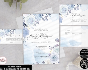 Könnte beinhalten: Blaue und weiße florale Einladung zur Brautparty mit Aquarellhintergrund. Die Einladung enthält den Namen der Braut, das Datum und die Uhrzeit der Party sowie den Ort. Außerdem enthält sie eine Rezeptkarte und eine Dankeskarte.