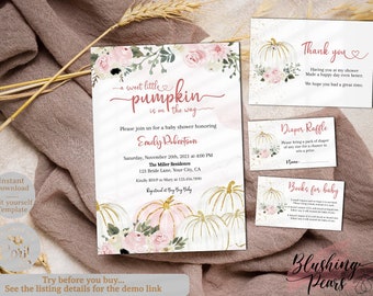 May include: A baby shower invitation suite featuring a sweet pumpkin theme. The design includes a main invitation, thank you card, diaper raffle card, and books for baby card. The invitation features pink and gold pumpkins with floral accents.