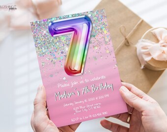 Invitación de 7º cumpleaños, Invitación de cumpleaños de Pink Glitter, Invitación de cumpleaños de 7º cumpleaños de Rainbow Balloons, Holográfica, Editable Digital Imprimible