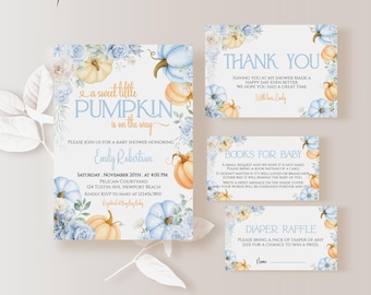 Little Pumpkin is on the Way Baby Shower Invitation Bundle, Blue Pumpkin Baby Shower, Boy Fall Baby Shower, Digital Printable Editable bp01