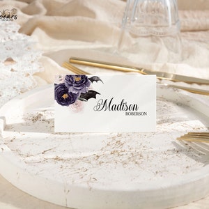 Tarjetas de lugar de Halloween, tema de octubre Tarjeta de configuración de lugar, Tarjetas de lugar de boda florales espeluznantes, DIY imprimible digital bh02