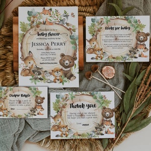 Wald Baby Shower Einladung Bundle, Greenery Waldtiere Bücher für Baby Karte, Windel Raffle DIY Digital Printable