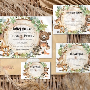 Lot d'invitations pour baby shower des bois, livres sur les animaux de la forêt de verdure pour carte de bébé, tirage de couches bricolage numérique imprimable wb01