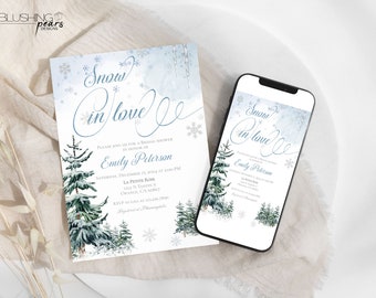 Könnte beinhalten: Eine Winter-Motto-Einladung zu einer Bridal Shower mit einer verschneiten Waldszene und dem Text "Snow in love" in einer kursiv geschriebenen Schrift. Die Einladung enthält den Namen der Braut, das Datum, die Uhrzeit und den Ort der Veranstaltung.