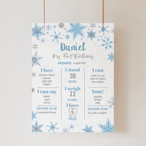 Winter ONEderland Meilenstein Poster, Schneeflocke Geburtstagstafel Schild, Meilenstein Poster erster Geburtstag, editierbar, Instant Download, Digital, DIY
