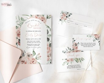Dusty Rose Bridal Shower Invitation, Pink Boho Floral Bridal Shower Invite, Dusty Pink Bridal Shower Bundle, Recipe Card, Digital DIY