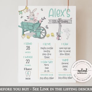 Bunny Milestone Poster, First Birthday Rabbit sign, Easter Bunny Milestone board, 1st birthday board, EDITABLE DIY