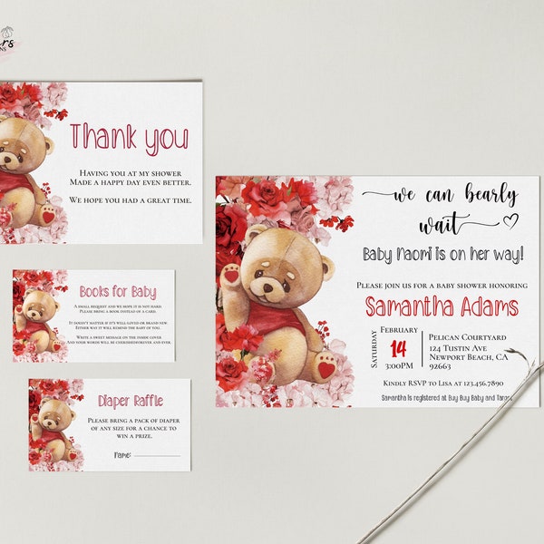 Editable Valentine We can bearly wait Baby Shower Invitation Bundle, Red and Pink Teddy Bear Baby Shower Invite, Little Sweetheart, DIY vb02