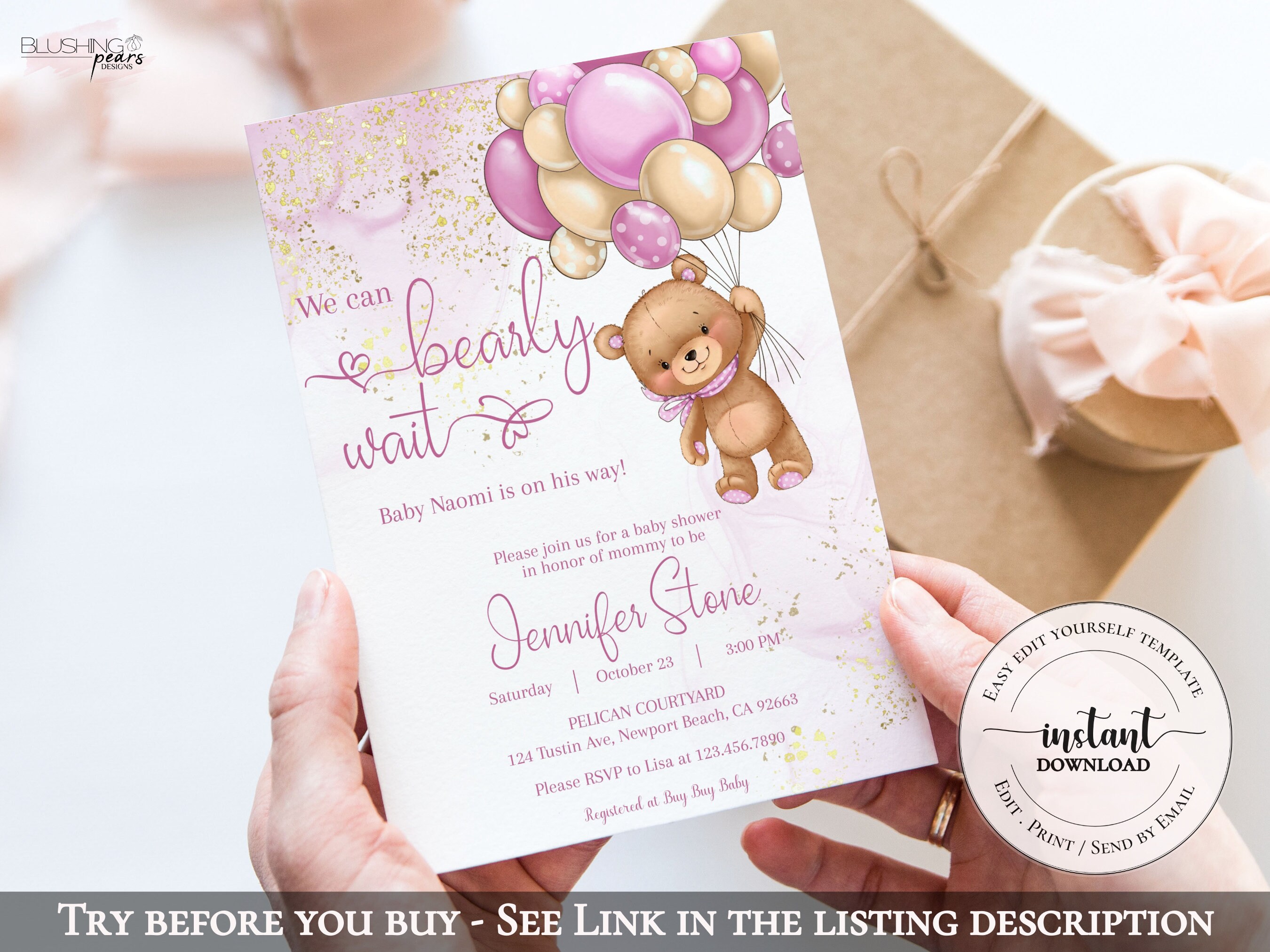 Pink Teddy Bear Baby Shower Invitation Bundle We Can Bearly - Etsy