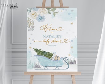 Editable Winter Baby Shower Welcome Sign, Blue Sleigh Boy Christmas Merry Little Baby Shower, Its Cold Outside Watercolor Template SP01