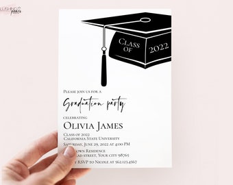 May include: Black and white graduation party invitation with a graduation cap illustration. The text reads "Class of 2022", "Graduation Party", "Celebrating Olivia James", "Class of 2022", "California State University", "Saturday, June 29, 2022 at 4:00 PM", "Own Residence", "[Address] Your City 98765", "RSVP to Nicole at 562.123.4567".