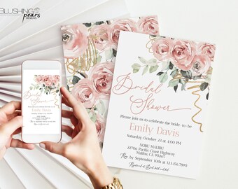 Blush Bridal Shower Invitation, Dusty Rose Floral Bridal Shower Invite, Blush And Gold Bridal Shower Invite, Digital DIY Editable bg1