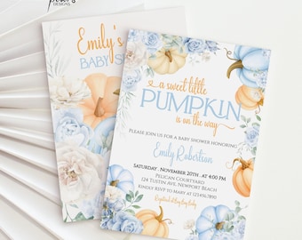 May include: Two baby shower invitations with floral and pumpkin designs. One invitation reads "Emily's Baby Shower" in gold lettering. The other says "a sweet little PUMPKIN is on the way" with details for the event.