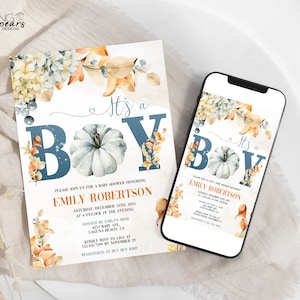 Invitación de baby shower de otoño, pequeña invitación de calabaza, baby shower de otoño de género neutro, es un baby shower de otoño de niño, PF1 digital editable