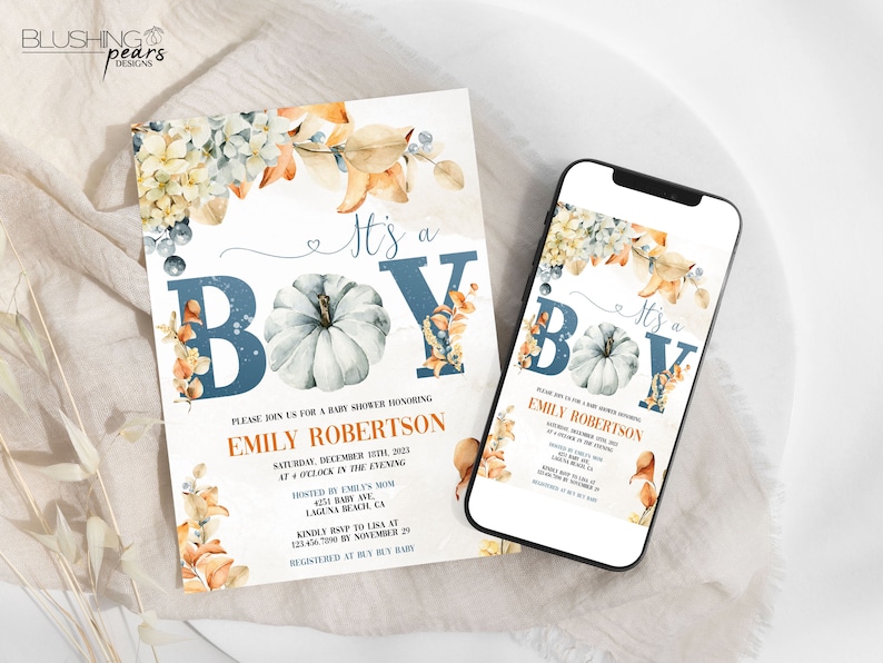 K&ouml;nnte beinhalten: Eine Babyparty-Einladung mit der Aufschrift "It's a Boy" mit einem Aquarellk&uuml;rbis und Blumenmuster. Die Einladung ist blau, wei&szlig; und orange mit dem Text "It's a Boy" in gro&szlig;en blauen Buchstaben.