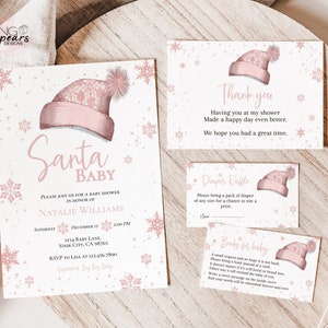Op de afbeelding: Roze en witte babyborrel uitnodiging met een roze Santa-hoed illustratie en sneeuwvlokken. De uitnodiging luidt "Santa Baby" en bevat de tekst "Sluit je aan bij ons voor een babyborrel ter ere van Natalie Williams".