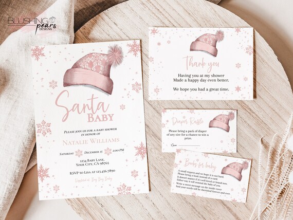 Pink Santa Baby Invitation, Christmas Baby Shower Invitation bundle, Winter Shower Invite, books for baby, diaper raffle, DIY, Editable sb01
