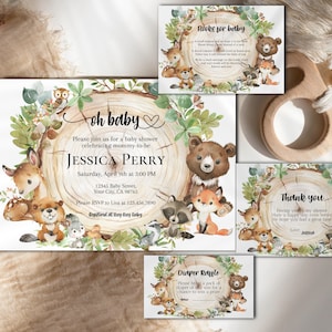 Woodland Baby Shower Invitation Bundle, Greenery Forest Animals Books for Baby Card. Diaper Raffle DIY Digital Printable wb01