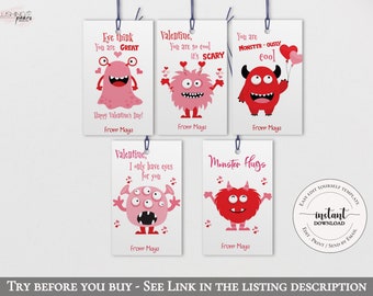 May include: Five printable Valentine's Day cards featuring cute monster illustrations with different messages. The cards are pink and red with hearts and the text "From Maya".