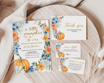 Blue and Orange Little Pumpkin on the Way Baby Shower Invitation, Fall Baby Shower Invite, Gender Neutral Fall Baby Shower bundle