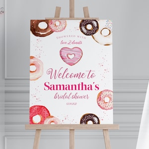 Editável regado com amor e donuts sinal de boas-vindas do chá de panela, cartaz do chá de panela dos namorados, modelo digital para impressão diy vbr04