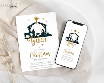 May include: A white Christmas dinner party invitation with a gold star and nativity scene design. The word "Believe" is in gold script. A smartphone displays the same invitation. The invitation includes the date, time, and location.