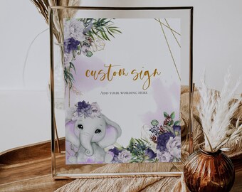 Elephant baby shower Custom Sign 8x10, Purple Elephant baby shower Gift cards, Purple Floral Shower, Editable Digital template PE01
