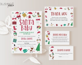 May include: A Christmas-themed baby shower invitation with a red and white Santa Claus illustration and the text "Santa Baby". The invitation includes details about the event, including the date, time, and location.