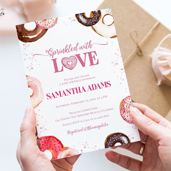 Editable Sprinkled with Love Donut Baby Shower Invitation, Little Sweetheart Girl Baby Sprinkle Invite, Digital Printable DIY vb07