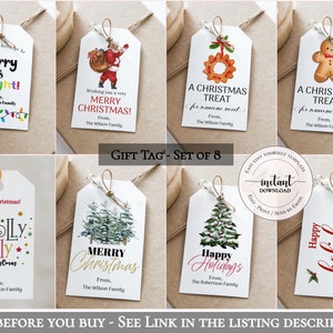 May include: Set of eight Christmas gift tags with various designs. Tags include festive phrases like "Merry & Bright" and "Merry Christmas," along with images of Santa, gingerbread men, and Christmas trees. Each tag is tied with twine.