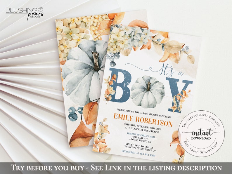 K&ouml;nnte beinhalten: Eine Babyparty-Einladung mit einem Aquarelldesign mit K&uuml;rbissen, Bl&auml;ttern und Blumen in Blaut&ouml;nen, Orange und Wei&szlig;. Der Text lautet "Es ist ein Junge" und enth&auml;lt den Namen "Emily Robertson" und das Datum "11. Dezember 2023".