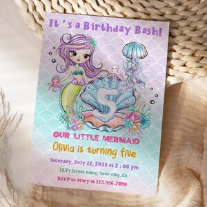 5th Mermaid Birthday Invitation, under the sea Birthday Invitation, Ocean Birthday Invite, 5th birthday invite, Editable Digital Printable