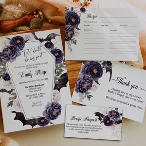Halloween Bridal Shower Invitation, Til Death Do Us Part Bridal Shower Invite, Gothic Purple floral Shower Invite, Hens party, Editable bh02