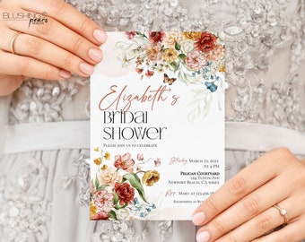 May include: A floral bridal shower invitation with a watercolor design featuring pink, red, and yellow flowers, butterflies, and leaves. The text on the invitation reads "Elizabeth's Bridal Shower" and includes the date, time, and location of the event.